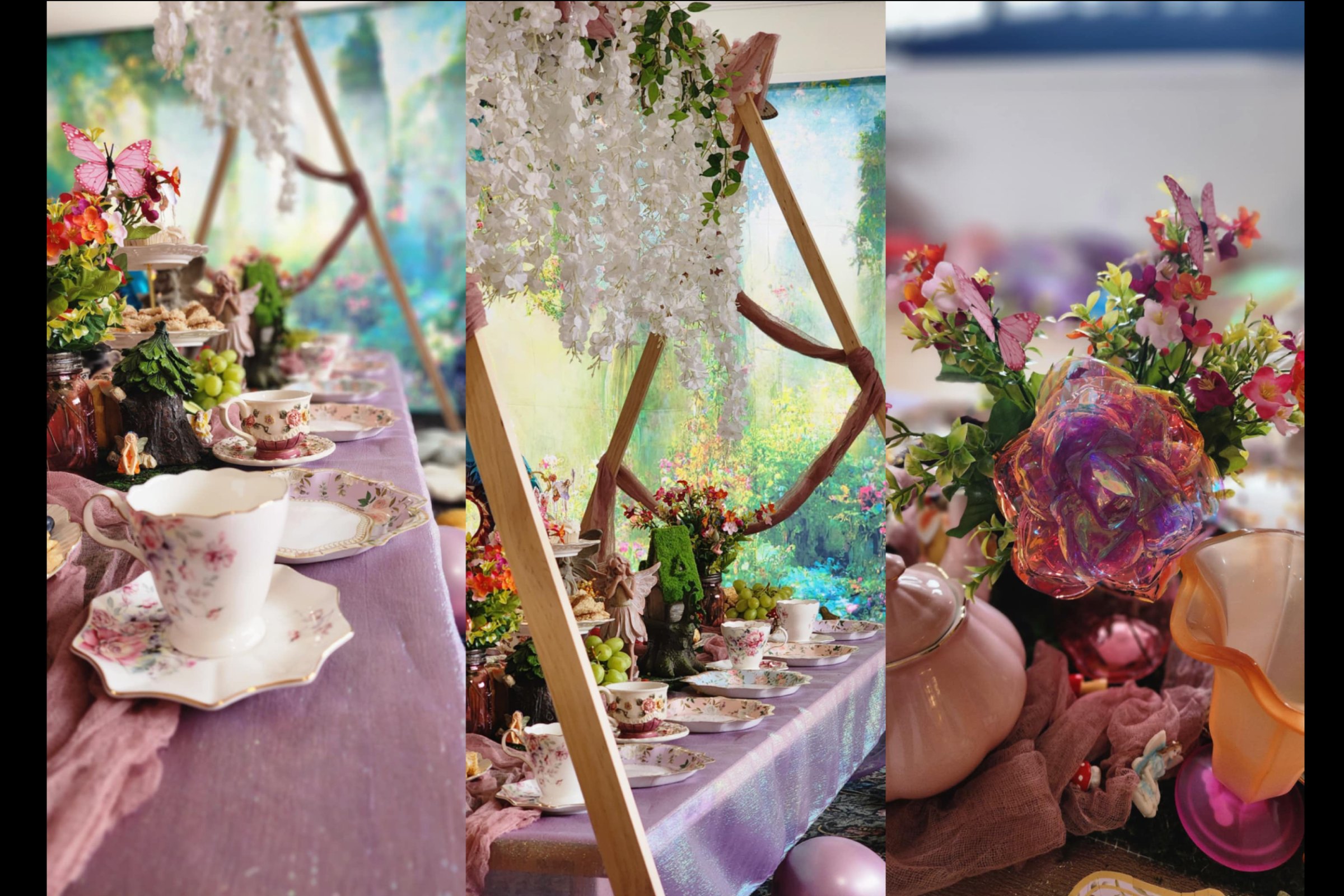 A triptych of fairy tea-party details — wisteria draping over an A-frame, vintage china tablescape, and pink florals with iridescent glass